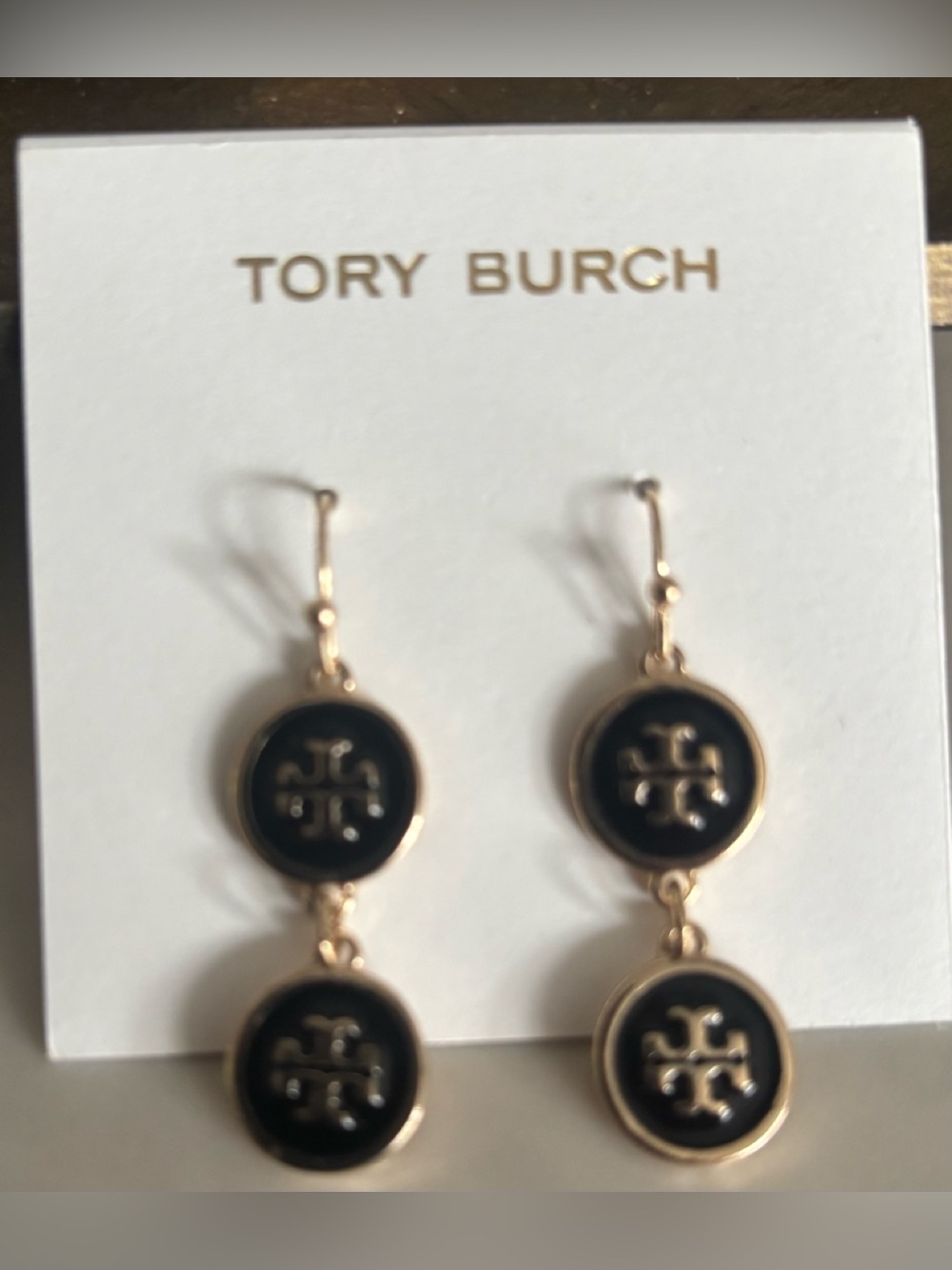 Tory Burch Gold Double Drop with Black Enamel T Logo Discs Dangle Earrings